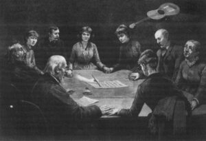 A sketch by artist, Frank Leslie, of "a séance conducted for the entertainment of a party, by a widow lady, who is an eleemosynary interpreter of communications from the world of shadows." The artist was completely skeptical. From Frank Leslie's Illustrated Newspaper, April 2, 1887.